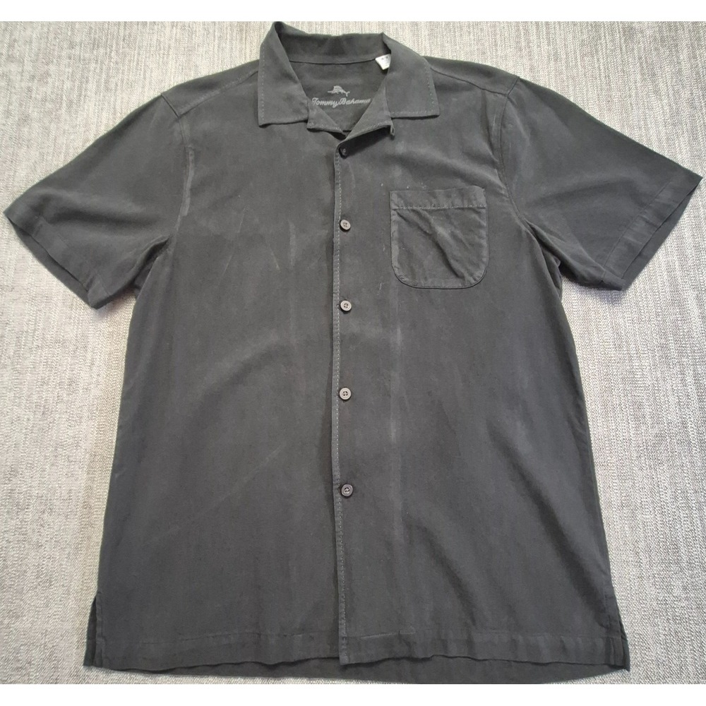 Tommy Bahama Men's Medium Black 100% Silk Short Sleeve Button Up Camp Shirt